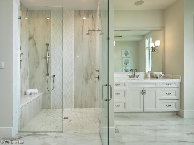 bathroom with vanity and walk in shower