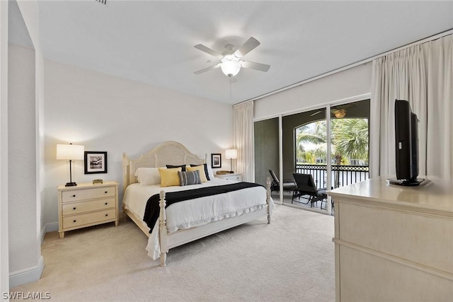 bedroom with ceiling fan, light carpet, and access to outside