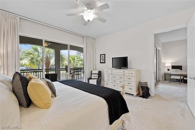 carpeted bedroom featuring access to outside and ceiling fan