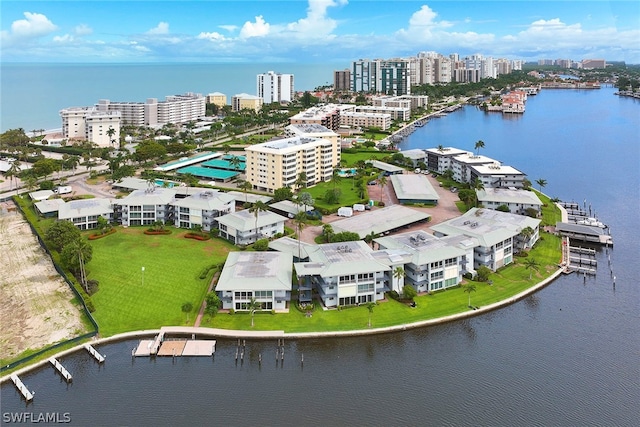 drone / aerial view with a water view