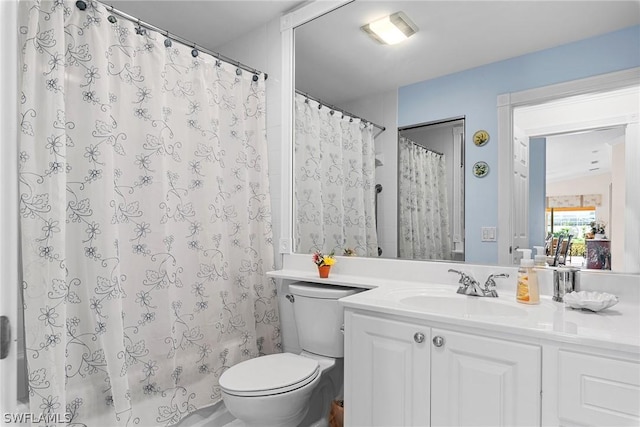 full bathroom with toilet, shower / tub combo with curtain, vaulted ceiling, and vanity