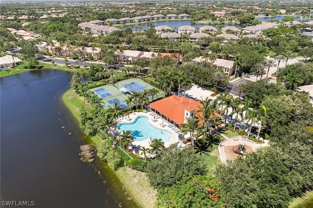 aerial view featuring a water view