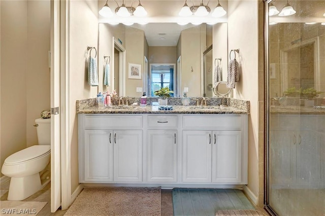 bathroom with vanity, toilet, and a shower with door