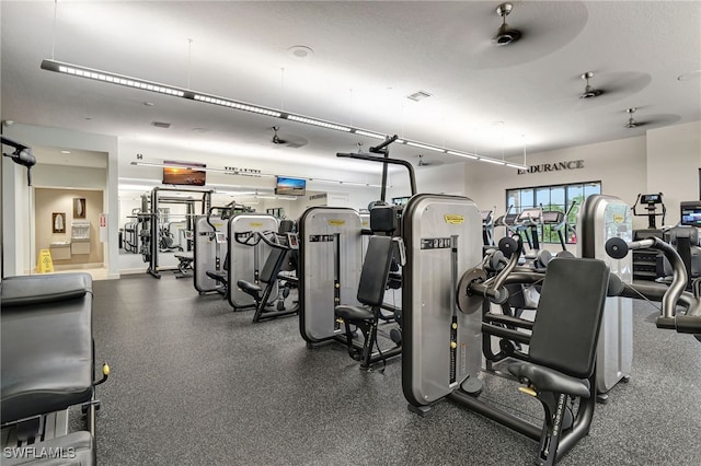 workout area featuring ceiling fan