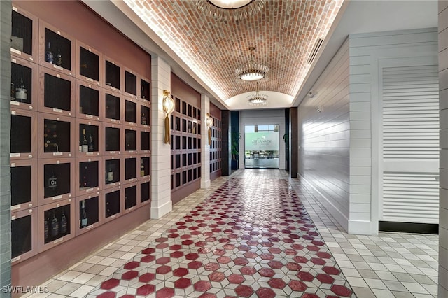 hallway with wooden walls