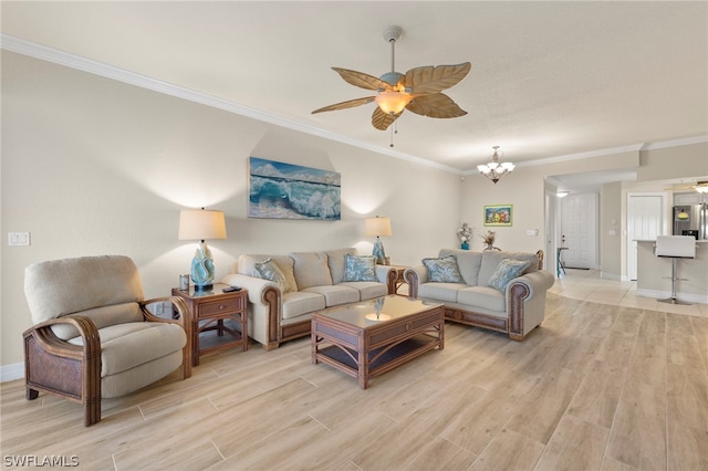 living room featuring ceiling fan with notable chandelier, light hardwood / wood-style floors, and ornamental molding