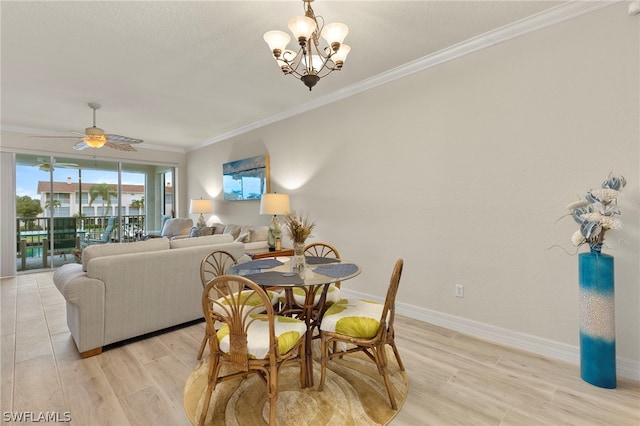 dining room featuring ceiling fan with notable chandelier, ornamental molding, and light hardwood / wood-style flooring