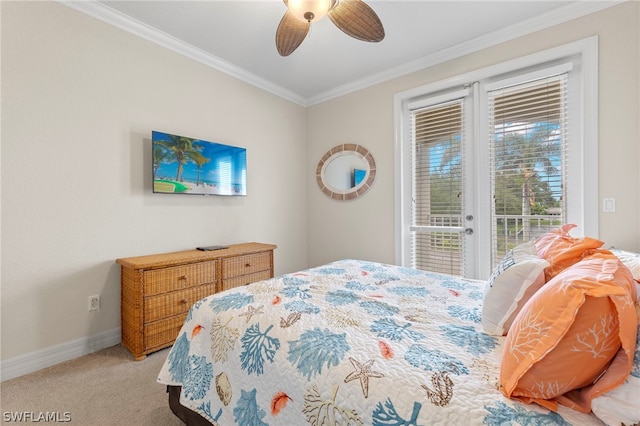 bedroom featuring access to outside, ceiling fan, carpet floors, and ornamental molding