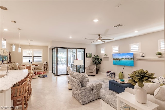 living room with ceiling fan