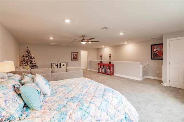 carpeted bedroom featuring ceiling fan