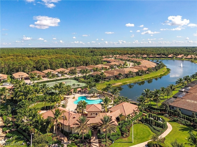 birds eye view of property featuring a water view