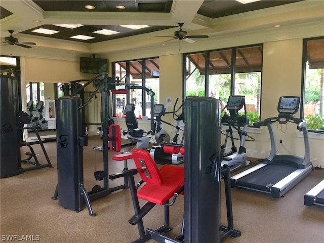 exercise room with ceiling fan and coffered ceiling