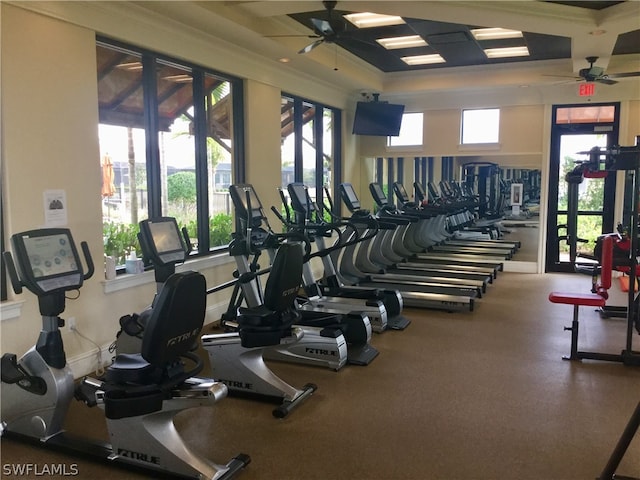 gym with ceiling fan and a healthy amount of sunlight