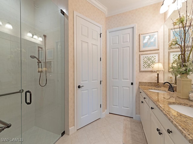 bathroom with crown molding, tile patterned flooring, vanity, and an enclosed shower