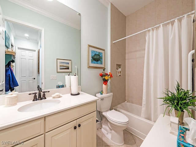 full bathroom with shower / tub combo, vanity, crown molding, tile patterned flooring, and toilet