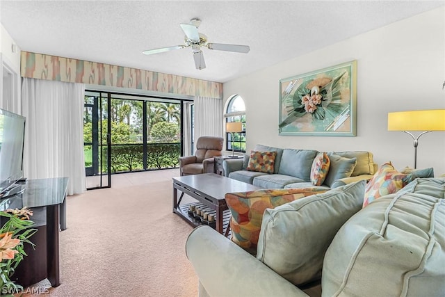 living room with light carpet, a healthy amount of sunlight, and a textured ceiling