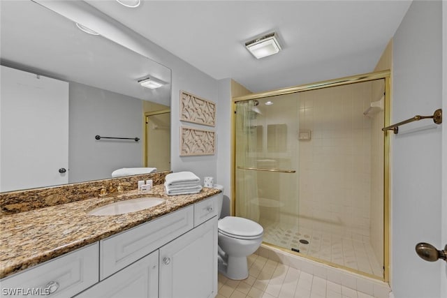 bathroom with a stall shower, visible vents, toilet, tile patterned flooring, and vanity