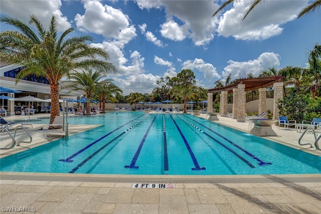 view of swimming pool featuring a patio and a pergola