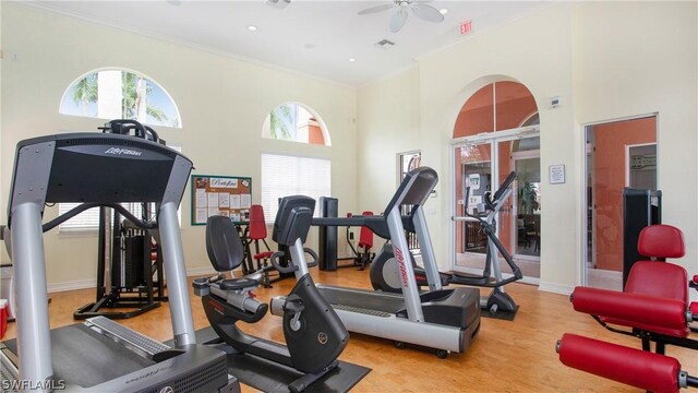 exercise room featuring ceiling fan, crown molding, and light hardwood / wood-style flooring