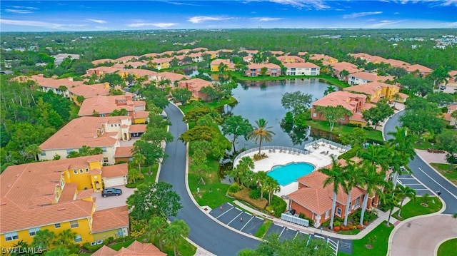 aerial view featuring a water view and a residential view