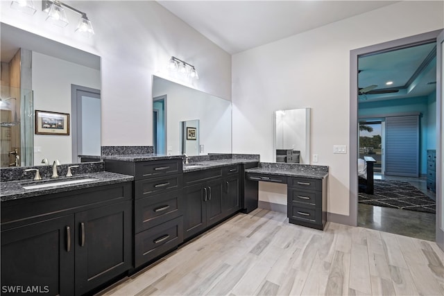 bathroom featuring wood-type flooring and large vanity