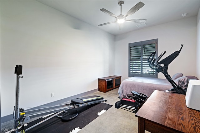 bedroom with ceiling fan and light colored carpet