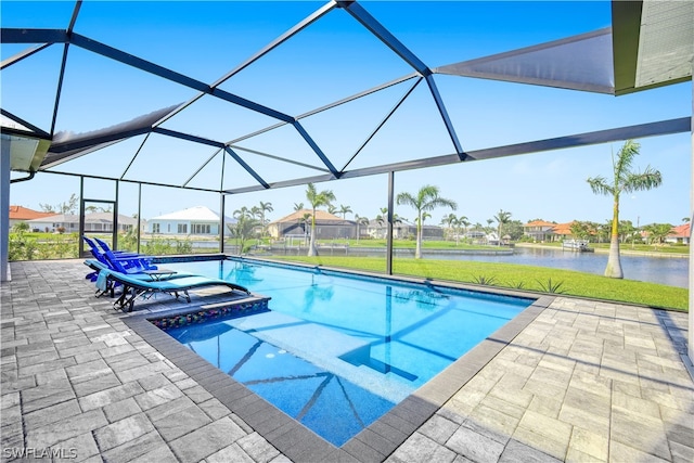 view of swimming pool featuring a lanai, a water view, and a patio