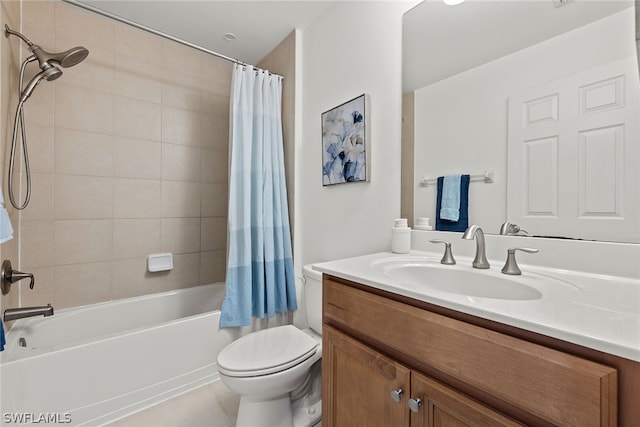 full bathroom with toilet, shower / tub combo, vanity, and tile patterned floors