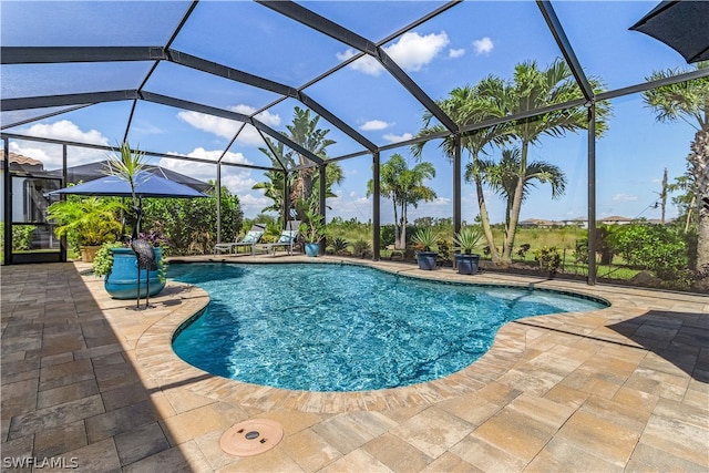 view of pool featuring a lanai and a patio area