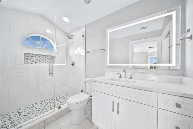 bathroom featuring vanity, a shower with shower door, lofted ceiling, and toilet