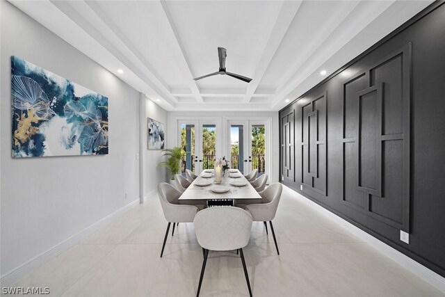 dining room featuring beamed ceiling, coffered ceiling, light tile patterned floors, french doors, and ceiling fan