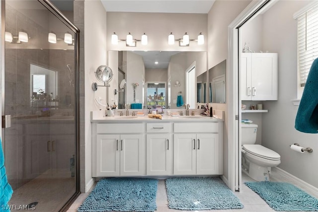 bathroom with tile patterned floors, toilet, an enclosed shower, and vanity