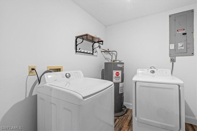 laundry room featuring dark wood-type flooring, hookup for an electric dryer, washing machine and dryer, and electric water heater