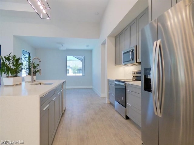 kitchen featuring stainless steel appliances, sink, light hardwood / wood-style floors, and gray cabinets