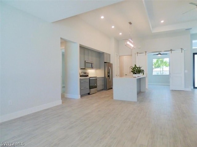 kitchen with appliances with stainless steel finishes, light hardwood / wood-style floors, hanging light fixtures, gray cabinetry, and a barn door