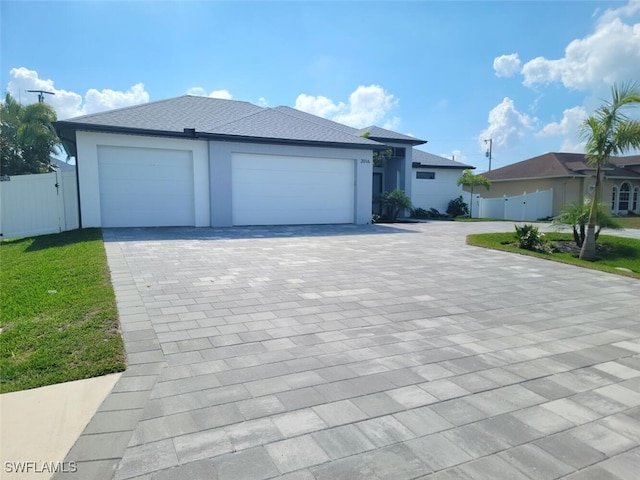 view of front facade with decorative driveway, stucco siding, a gate, fence, and a garage