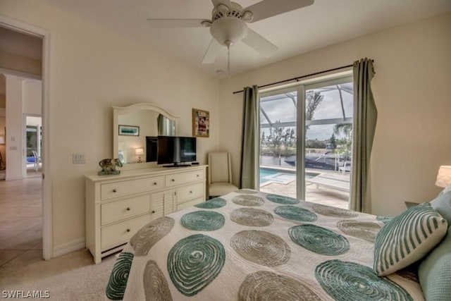 carpeted bedroom featuring ceiling fan and access to outside