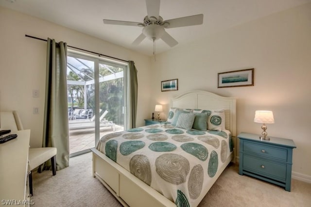 carpeted bedroom with ceiling fan and access to exterior