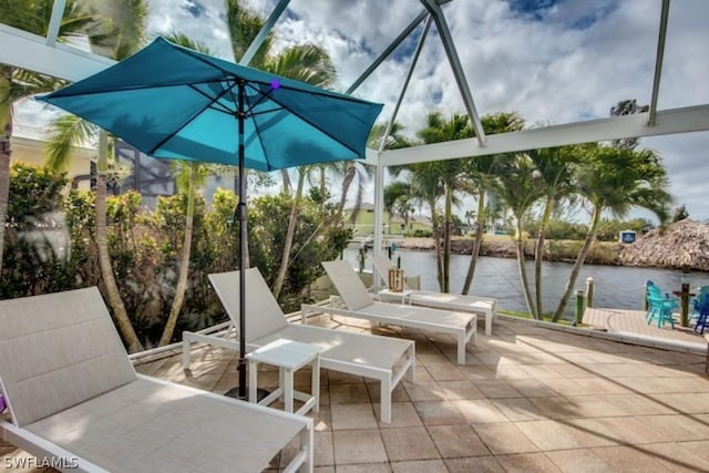 view of patio featuring a water view