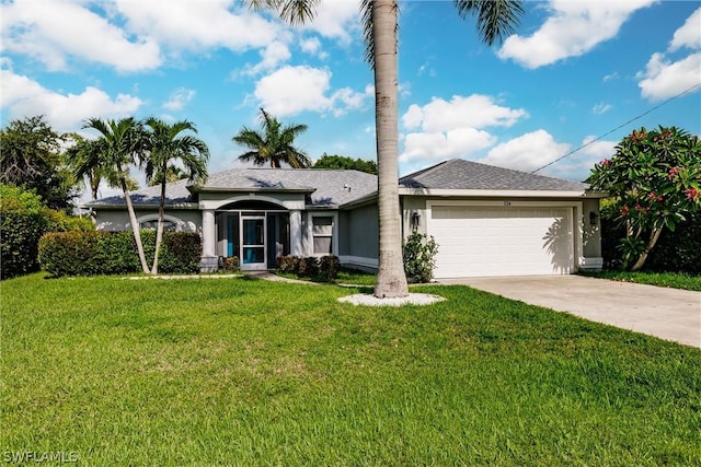 ranch-style house with a front lawn and a garage