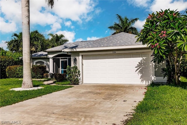 ranch-style home featuring a front lawn and a garage