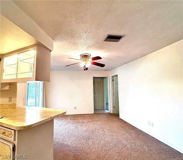 empty room with ceiling fan, carpet, and a textured ceiling