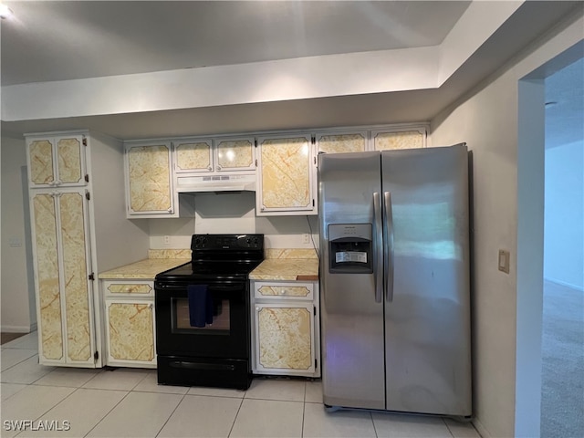 kitchen with stainless steel refrigerator with ice dispenser, black electric range oven, and light tile patterned flooring