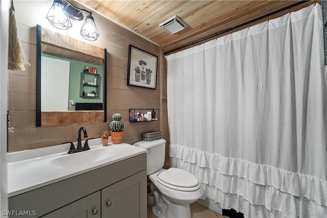 bathroom with wooden ceiling, a shower with curtain, wood walls, toilet, and vanity