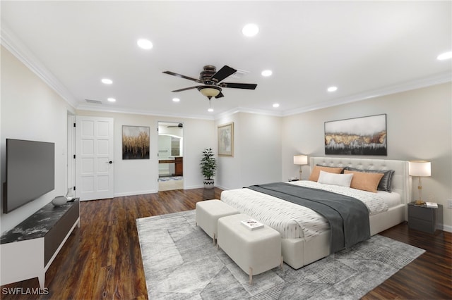 bedroom with ceiling fan, crown molding, and hardwood / wood-style flooring