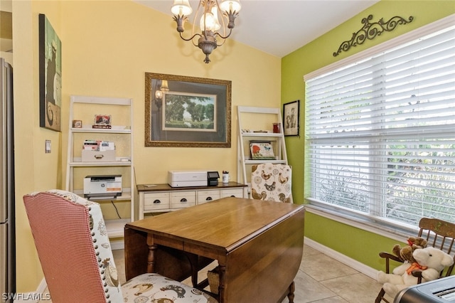 office with light tile patterned flooring and an inviting chandelier