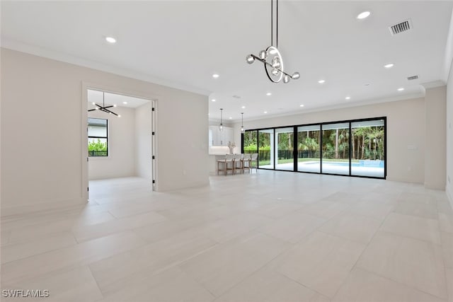 tiled empty room with an inviting chandelier and crown molding