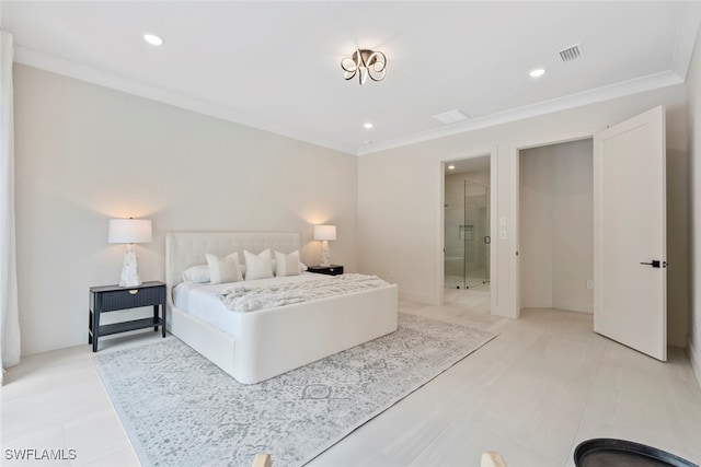 bedroom with ensuite bathroom and crown molding