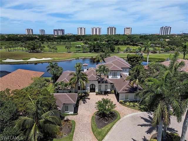 aerial view featuring a water view