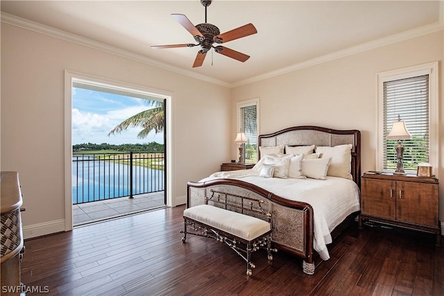 bedroom with access to outside, a water view, ceiling fan, ornamental molding, and dark hardwood / wood-style flooring